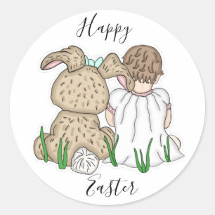 Sticker Rond Joyeux Pâques   Petite fille et lapin de Pâques