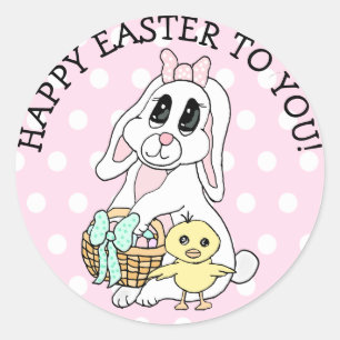 Sticker Rond Joyeux Pâques pour vous lapin et poussin