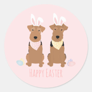 Sticker Rond Joyeux Pâques Welsh Terriers Chiens Lapin Oreilles