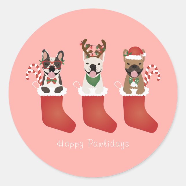 Sticker Rond Joyeux Pawlidays Français Bulldogs Noël Stocking (Devant)