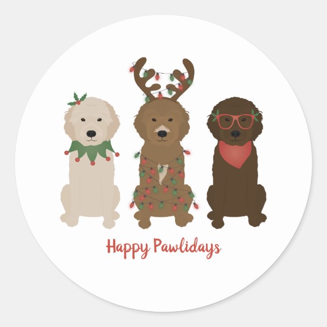 Sticker Rond Joyeux Pawlidays Goldendoodle lumières de Noël (Devant)