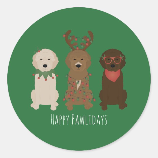 Sticker Rond Joyeux Pawlidays Goldendoodle lumières de Noël (Devant)