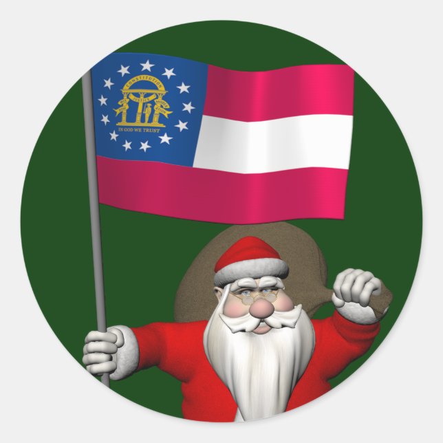 Sticker Rond Joyeux Père Noël Avec Drapeau De Géorgie (Devant)