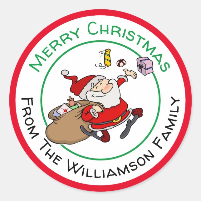 Sticker Rond Joyeux Père Noël livrant des cadeaux de Noël (Devant)