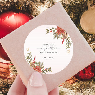 Sticker Rond Joyeux petit Baby shower rose rouge & or Noël