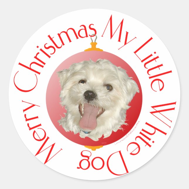 Sticker Rond Joyeux petit chien blanc de Noël (Devant)