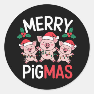 Sticker Rond Joyeux Pigmas Noël Cochon Chapeau Santa Holly Lumi