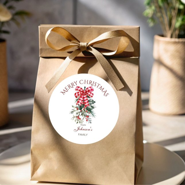 Sticker Rond Joyeux pins arc rouge Noël rustique (Merry Christmas personalized stickers red bow pines rustic Christmas gift Stickers)