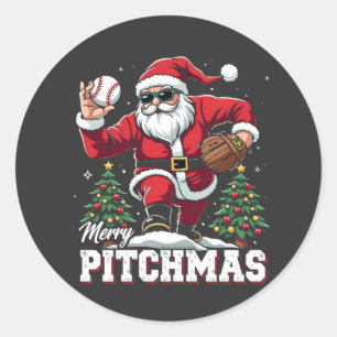 Sticker Rond Joyeux Pitchmas Noël Amateur de baseball Père Noël