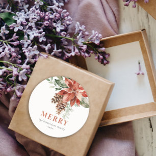 Sticker Rond Joyeux Poinsettia Bund'aquarelle Pine Noël