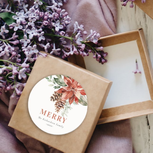 Sticker Rond Joyeux Poinsettia Bund'aquarelle Pine Noël (Créateur téléchargé)