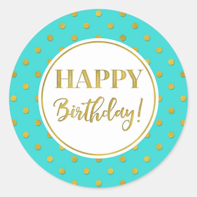 Sticker Rond Joyeux Points d'or blanc turquoise d'anniversaire (Devant)