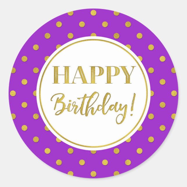 Sticker Rond Joyeux Points d'or blanc violet d'anniversaire (Devant)