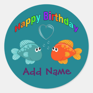 Sticker Rond Joyeux Poisson D'Anniversaire, Coeur, Personnalisé