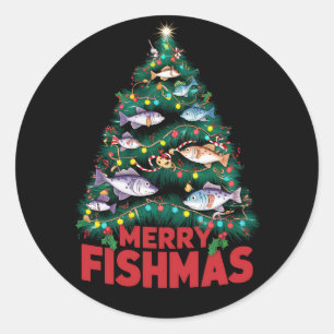 Sticker Rond Joyeux Poissons de Noël Lumières Poissons Pêche