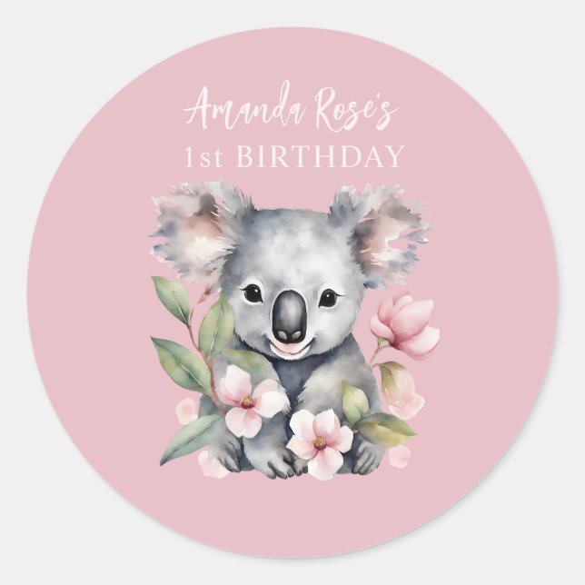 Sticker Rond Joyeux premier anniversaire Koala aquarelle (Devant)