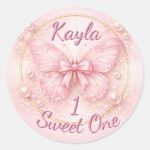 Sticker Rond Joyeux premier anniversaire Papillon Rose