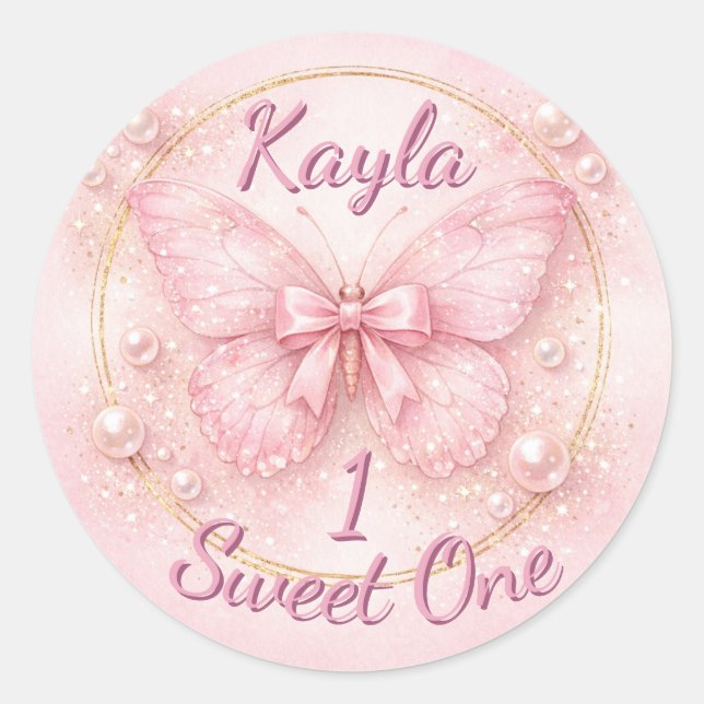 Sticker Rond Joyeux premier anniversaire Papillon Rose  (Devant)