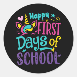 Sticker Rond Joyeux Premier Jour De L'École Cute Unicorn Retour