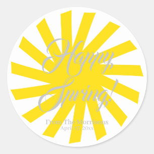 Sticker Rond Joyeux printemps jaune soleil coutume script joyeu