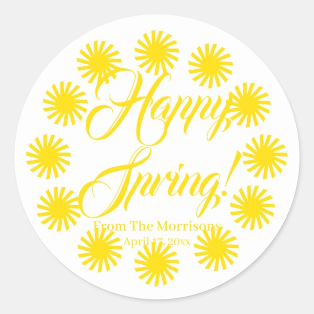 Sticker Rond Joyeux printemps jaune soleil coutume script joyeu (Devant)