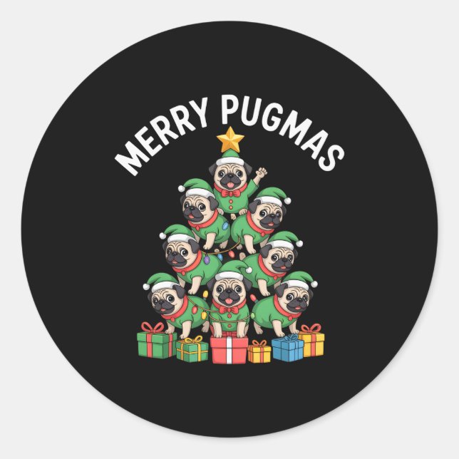 Sticker Rond Joyeux Pugmas Drôle de Pug Arbre de Noël Fête Long (Devant)