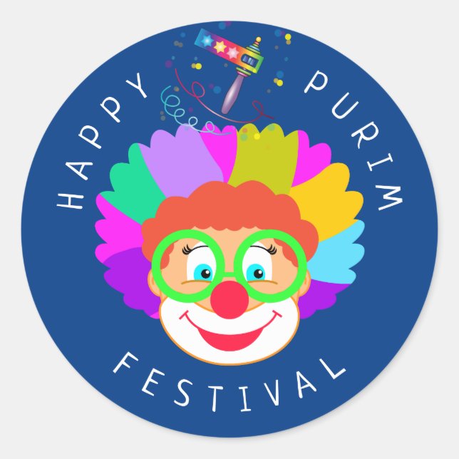 Sticker Rond Joyeux Purim Festival Funny Clown Kids Party (Devant)