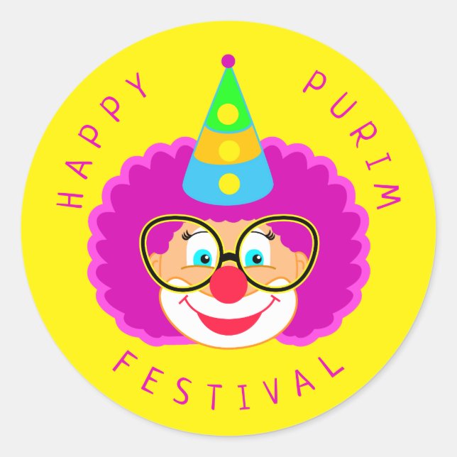 Sticker Rond Joyeux Purim Festival Funny Clown Kids Party (Devant)