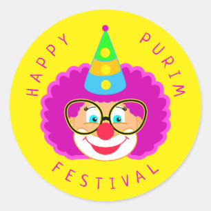 Sticker Rond Joyeux Purim Festival Funny Clown Kids Party