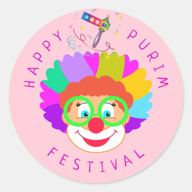 Sticker Rond Joyeux Purim Festival Funny Clown Kids Party (Devant)