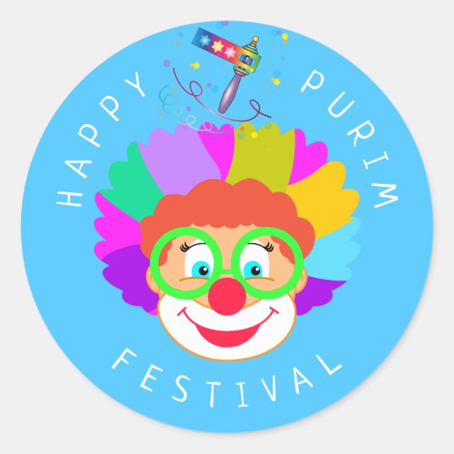 Sticker Rond Joyeux Purim Festival Funny Clown Kids Party (Devant)