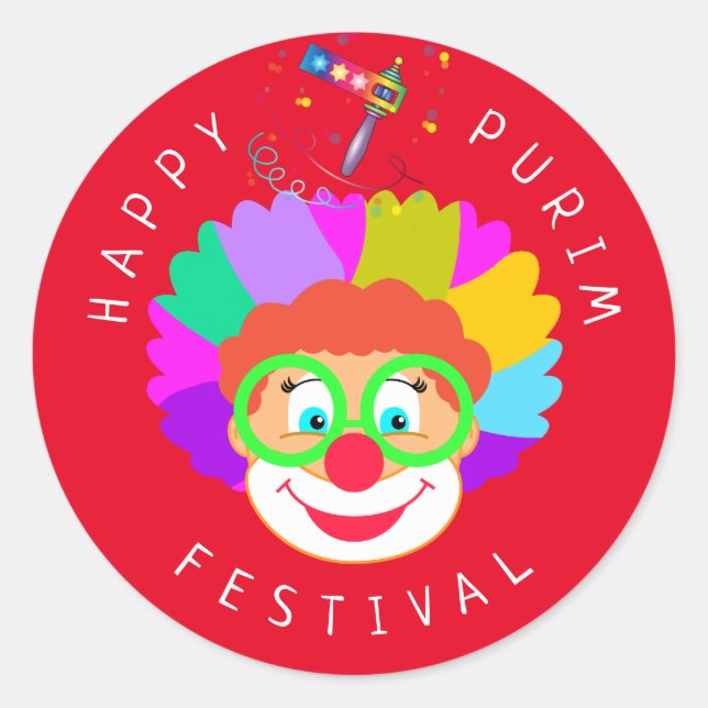 Sticker Rond Joyeux Purim Festival Funny Clown Kids Party (Devant)