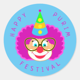 Sticker Rond Joyeux Purim Festival Funny Clown Kids Party