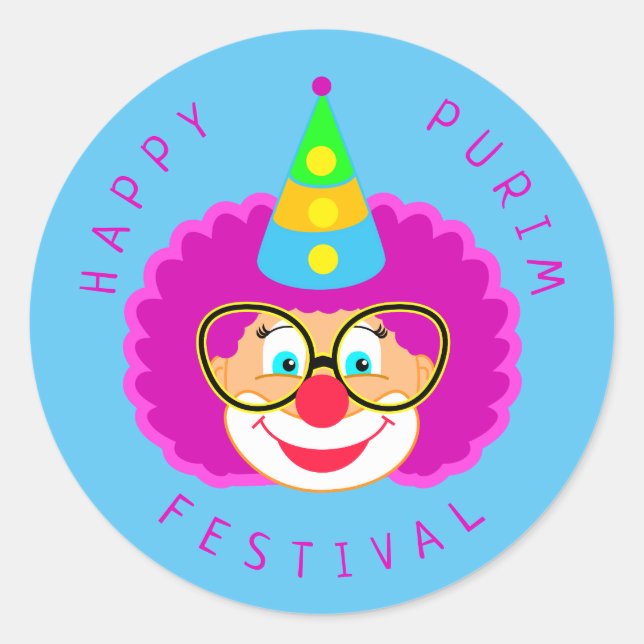 Sticker Rond Joyeux Purim Festival Funny Clown Kids Party (Devant)