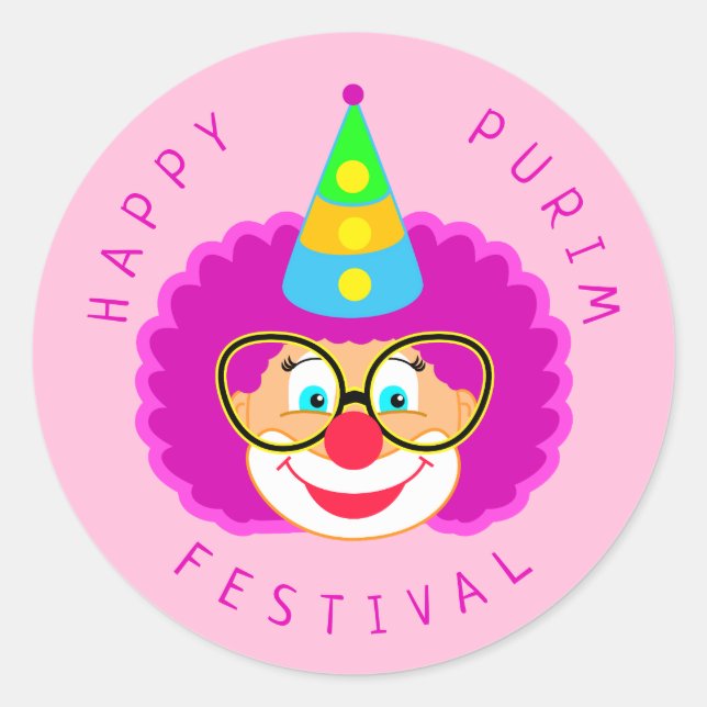 Sticker Rond Joyeux Purim Festival Funny Clown Kids Party (Devant)