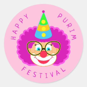 Sticker Rond Joyeux Purim Festival Funny Clown Kids Party