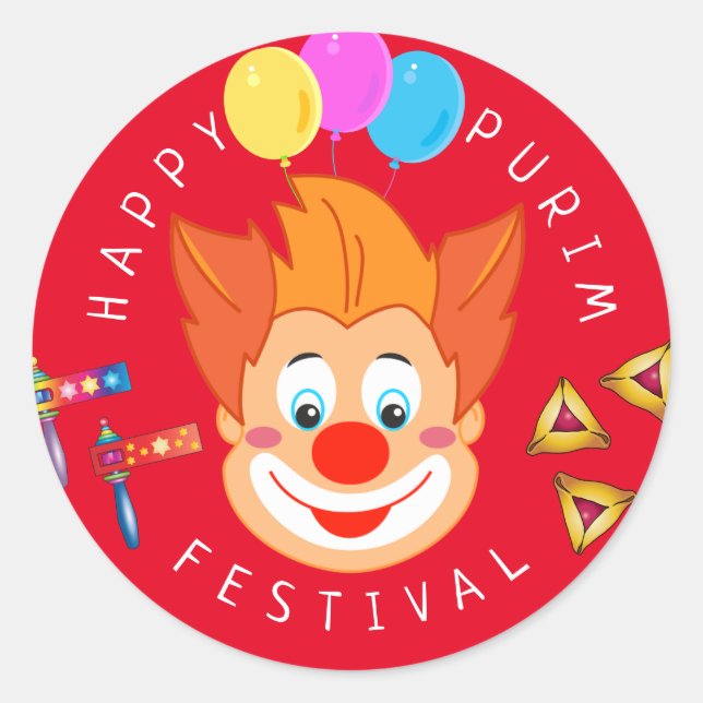 Sticker Rond Joyeux Purim Festival Funny Clown Kids Party (Devant)