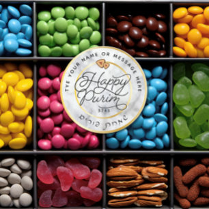 Sticker Rond Joyeux Purim Marbre & Gold Script Classic GRAND