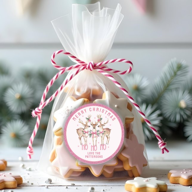 Sticker Rond Joyeux rennes de Noël Nom personnalisé (Créateur téléchargé)