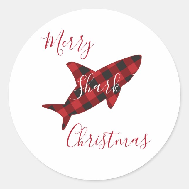 Sticker Rond Joyeux requin Noël Rouge en plaid Script (Devant)