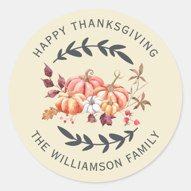 Sticker Rond Joyeux Retour de Thanksgiving Adresse Blanc Cassé (Devant)