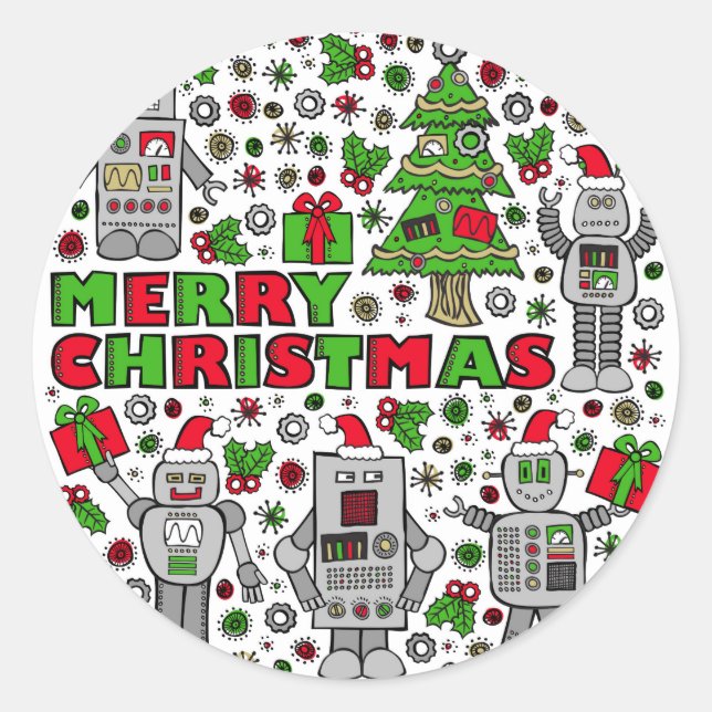 Sticker Rond Joyeux Robots de Noël (Devant)