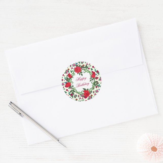 Sticker Rond Joyeux Roses d'anniversaire (Enveloppe)