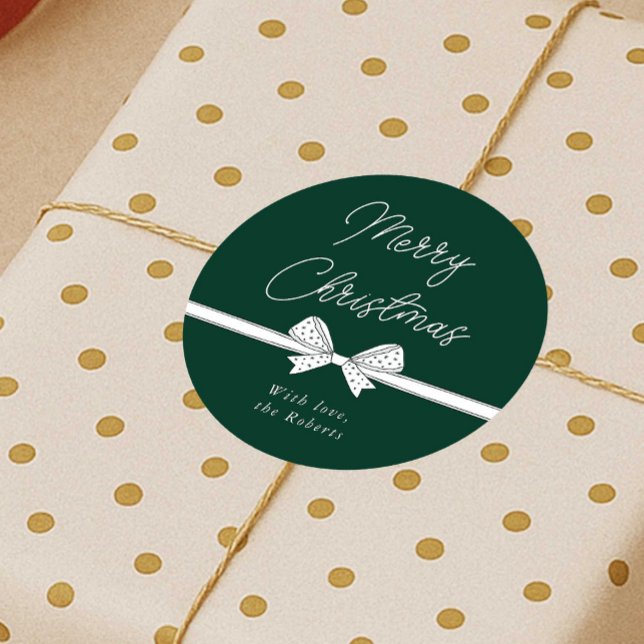 Sticker Rond Joyeux ruban de Noël manuscrit moderne (Modern whimsical bow green and white Christmas stickers)