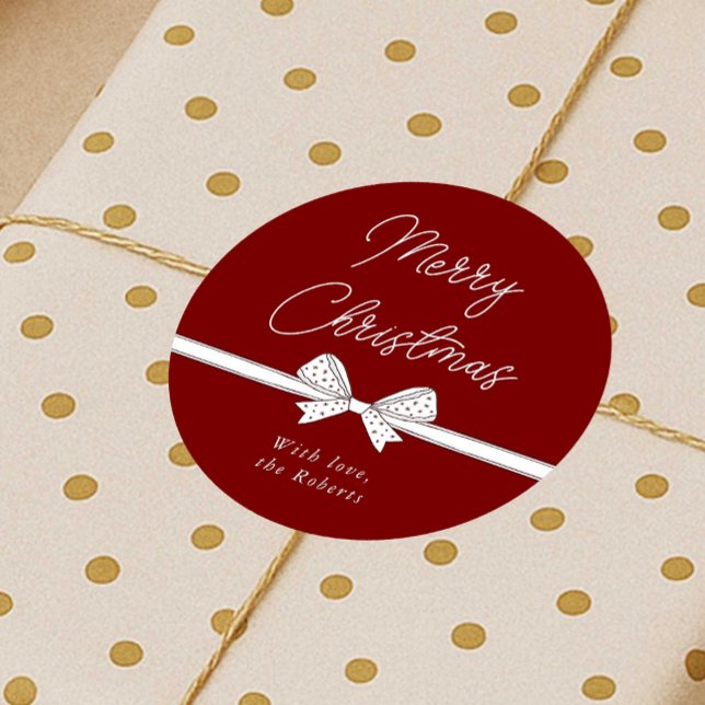 Sticker Rond Joyeux ruban de Noël manuscrit moderne rouge (Modern whimsical bow red and white Christmas stickers)