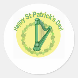 Sticker Rond Joyeux Saint Patrick's Day Harp et Wreath
