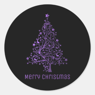 Sticker Rond Joyeux sapin de Noël étoiles Black Metallic violet
