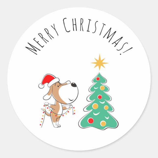 Sticker Rond Joyeux sapin de Noël mignon Chien Chien Chien Sant (Devant)