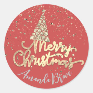 Sticker Rond Joyeux sapin de Noël Nom de script Gold Orange Rou