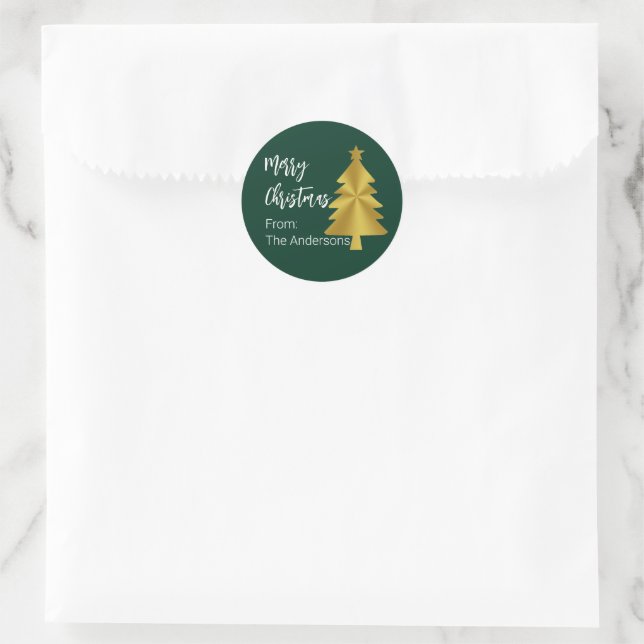 Sticker Rond Joyeux sapin de Noël Vert foncé Gold Nom cadeau Ba (Sac)